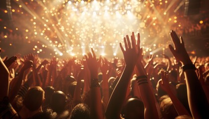 Electrifying Concert Crowd with Raised Hands Under Bright Lights