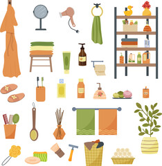 A set of bathroom items. A robe and slippers, towels. A shelf with hygiene and laundry items. A hair dryer and a mirror. Scented soap and candles. A razor and a shaving brush. Vector illustration