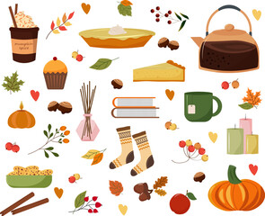 Cozy autumn. A set of items for hygge. Pumpkin pie and cookies, hot drinks. Teapot and cup. Autumn leaves, chestnuts and acorns. Books and socks, pumpkin and apples. Vector illustration