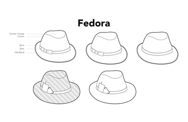 Set of Crafted Straw Fedoras Hat with band. Head Fashion accessory cap clothing technical illustration. Vector headgear for Men, women, unisex style, flat template CAD mockup sketch outline isolated