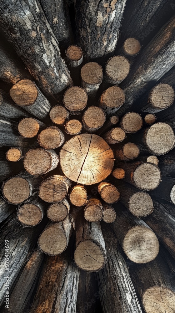 Poster stack of neatly arranged cut logs, texture and pattern concept