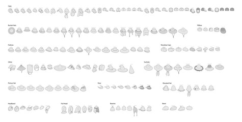 Bundle of Hats in different styles - Fedora Picture Beanies, Sunhats Beret Bucket Visor. Head Fashion accessory cap clothing technical illustration. Vector for Men, women, unisex style, flat template