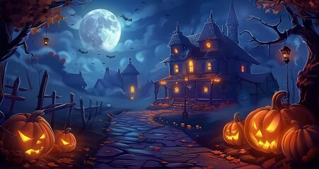 fondo de halloween con calabazas y casa encantada
