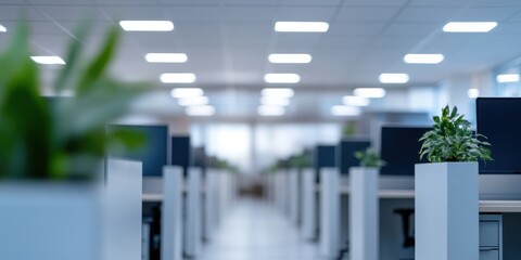 A clean, modern office space featuring rows of cubicles and computer screens, showcasing an organized and professional work environment with a focus on productivity.