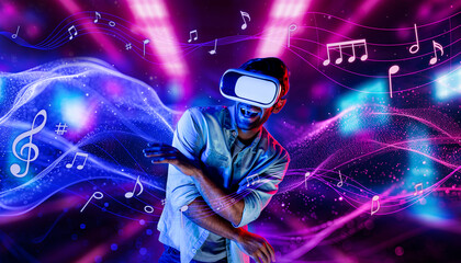 Caucasian man moving to music while using virtual reality glasses. Energetic person with casual cloth enjoy dancing while enter metaverse or simulated world surrounded with music notes. Deviation.