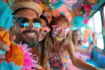 Colorful children's party celebration inside a lively decorated bus on a sunny afternoon