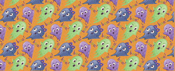 Naklejka premium Pattern of flying ghosts and inscriptions boo. Halloween specters. Vector seamless festive background of funny spooks. For wallpapers, cards, invitations, festive design.