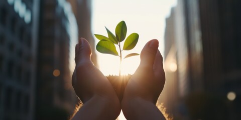 Bright sunlight shining through hands holding a small green plant, with a cityscape in the background, symbolizing growth, nature, and urban life interaction.