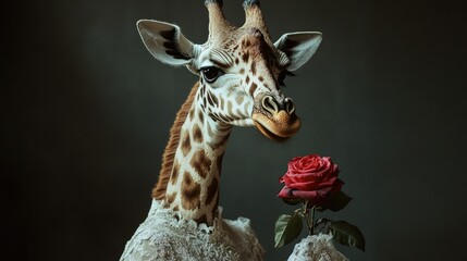 Obraz premium A lovely giraffe in an ornate wedding dress, holding a rose with charm and elegance, symbolizing love and Valentine's Day