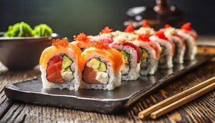 Fresh sushi rolls with depth of field showcasing vibrant seafood fillings and delicate rice