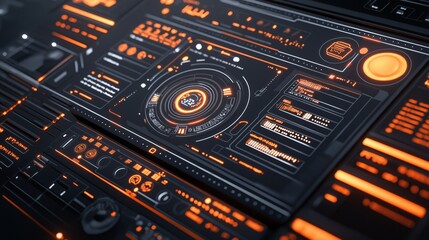 Obraz premium Vibrant tech interface featuring creative design elements, 3D visuals, digital display, futuristic layout. AI generated