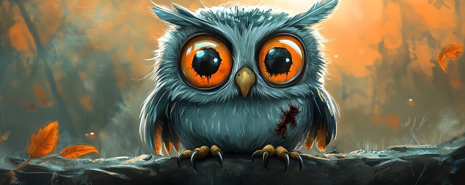 Adorable zombie owl with one eye missing, tattered feathers, big eyes, playful expression, cartoon style