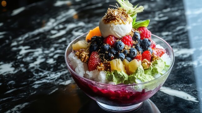 Bingsu with Matcha, Dragon Fruit, Blueberries, and Honey in Elegant Glass Bowl
