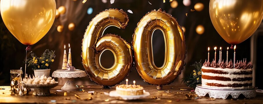 Elegant 60th Birthday Celebration with Golden Balloons, Cakes, and Festive Decorations