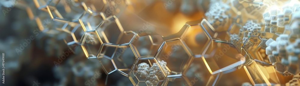 Poster abstract hexagon pattern with gold and blue tones macro photography geometric background