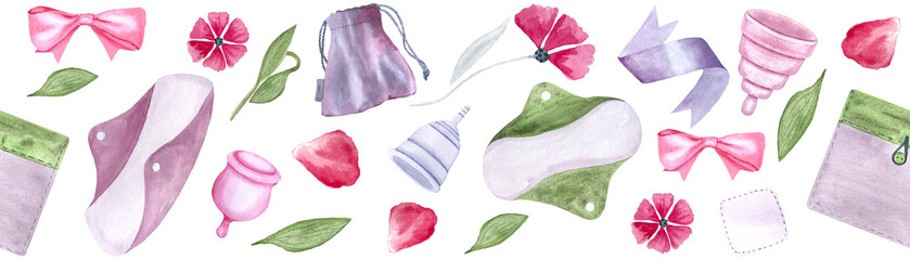 A menstrual cup, a period pad, a fabric pouch ribbons petals watercolor seamless border isolated on white. Great for eco-friendly menstrual care design, packaging, websites, tape Sustainable lifestyle