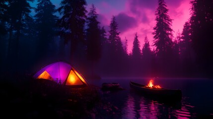A lakeside camping adventure, futuristic tents with holographic elements, a canoe glowing softly by the water, fish grilling over a holographic fire, sci-fi, neon lighting