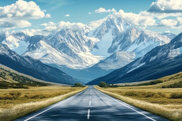 Fototapeta premium Landscape with road and mountains beautiful background --ar 3:2 --v 6.1 Job ID: bb56796d-3caf-40df-a88d-ef4755aa0fdf