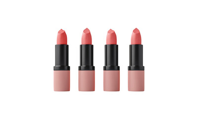 Obraz premium Set of Four Coral Pink Lipsticks in Sleek Black and Nude Packaging isolated on transparent background 