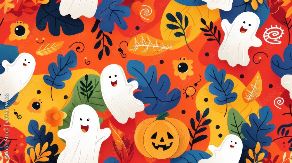 Wall mural Happy Halloween Ghosts and Pumpkins Seamless Pattern