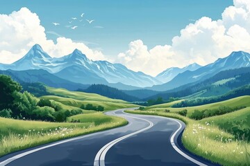 Naklejka premium Landscape with road and mountains beautiful background --ar 3:2 --v 6.1 Job ID: 1e87f683-d698-47d0-aa5e-5de802deaa3b