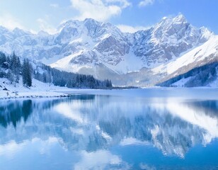 Snow-capped peaks reflected in a tranquil alpine lake during winter