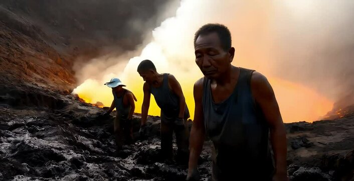 The sulfur miners manually extract sulfur, enduring toxic fumes and treacherous climbs. Their traditional methods and immense effort highlight the harsh realities of this labor-intensive work