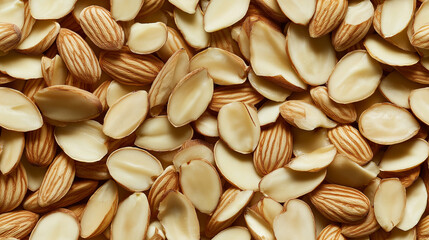 a pattern in photograph, extreme close-up, top-down view of almond slices, filling the entire frame with a focus on the intricate details of the food items