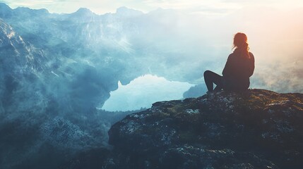 Fototapeta premium mountain ridge, expansive view, solitude, peace, reflection, close up, focus on, copy space, cool tones, dramatic shadows, Double exposure silhouette with a person sitting