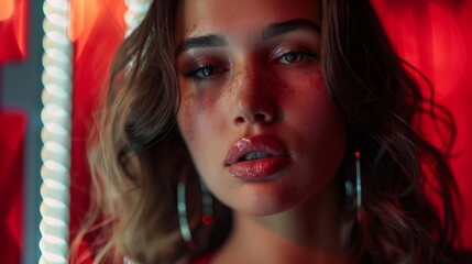Fototapeta premium Close-up Portrait of Woman with Freckles and Glamorous Makeup in Red Light 
