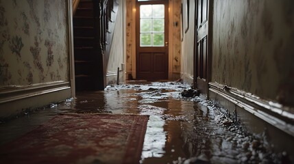 A waterlogged hallway with a drenched rug, showing flood damage, ideal for home insurance visuals, moody lighting and wet textures