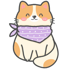 Cute cat in sitting position wearing a scarf Use as illustrations or stickers. Destroy children's clothes