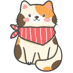 Cute cat in sitting position wearing a scarf Use as illustrations or stickers. Destroy children's clothes