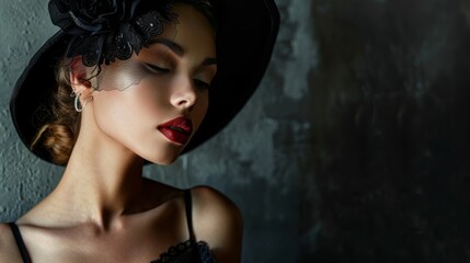 Naklejka premium Elegant Woman in Black Hat with Red Lipstick, Studio Portrait, Trendy Fashion Beauty Look