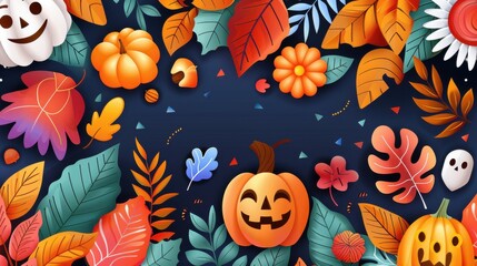 Halloween Pumpkin with Autumn Leaves Background