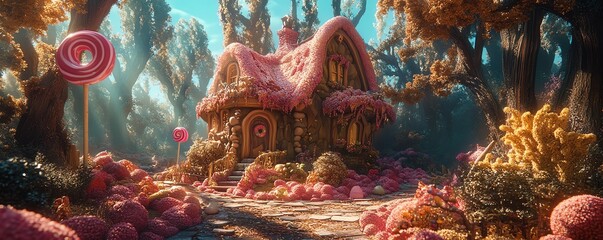 Fototapeta premium Candycovered house in the middle of a forest, with hidden pranks like springloaded lollipops and trick doors