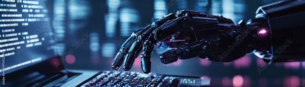 Poster ai robotic hand typing on laptop keyboard with code on screen