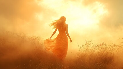 Dreamy woman in a light orange dress, radiating an ethereal glow, drifting through a soft, hazy landscape