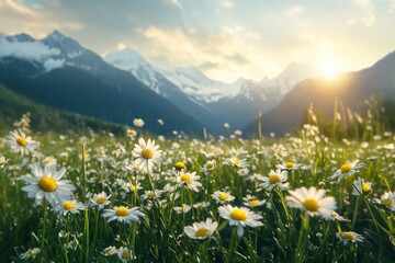 Obraz premium Spring camomile meadow in mountain. Nature landscape scene , ai