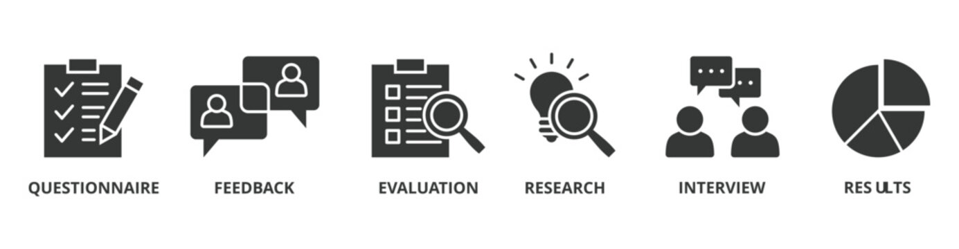 Survey banner web icon vector illustration concept for customer satisfaction questionnaire feedback with icon of evaluation, research, interview and result