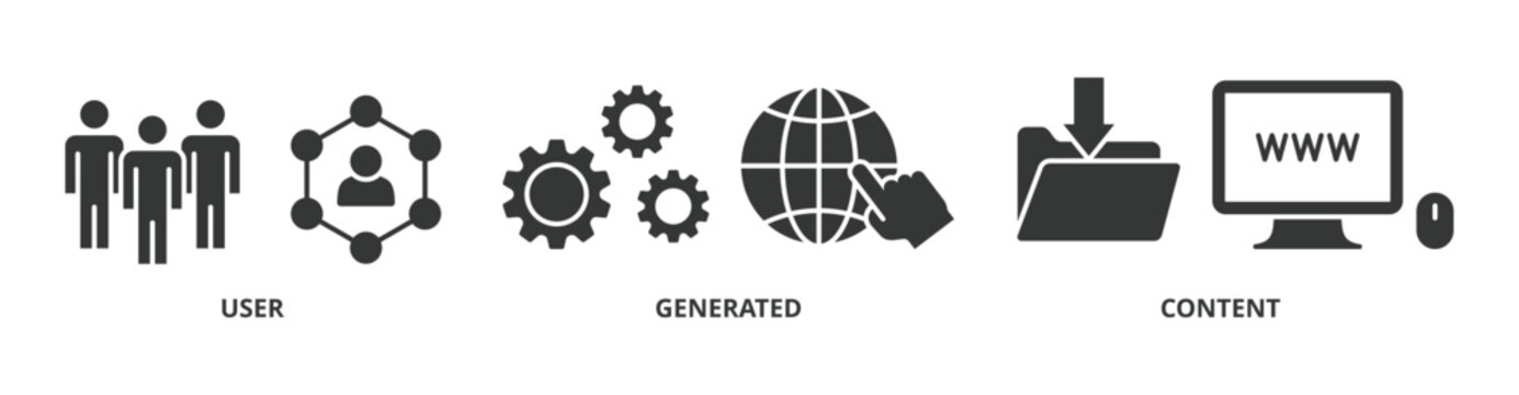 UGC banner web icon vector illustration concept for user-generated content with icon of people, network, process, engine, click, internet, website, archive and browser