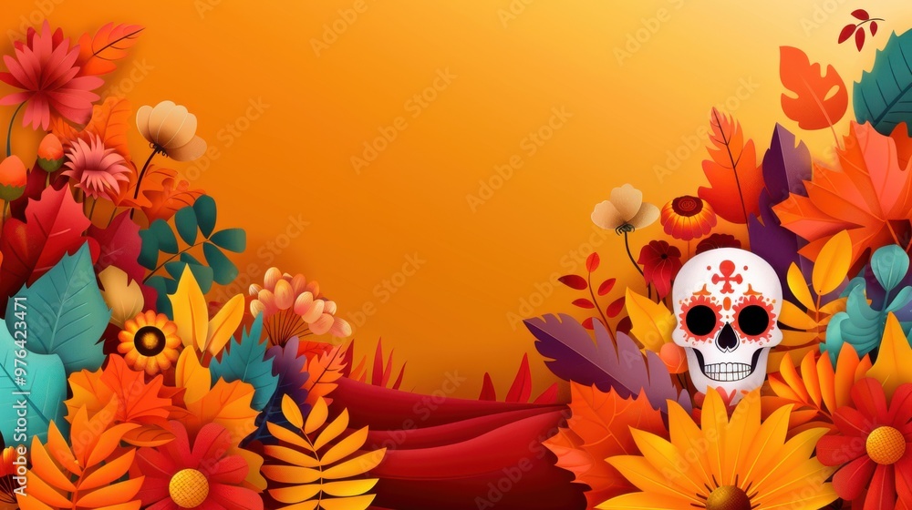 Wall mural autumn leaves and skull design for dia de los muertos