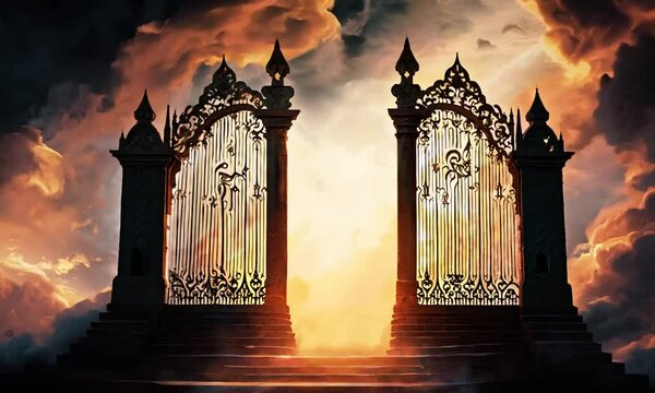Heaven paradise and fiery hell gates choice. Door to heaven and hell. Good and evil, light and darkness. God's judgment, christianity concept. Religious background