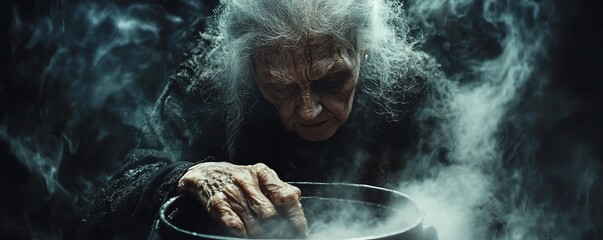 Scary old hag stirring a cauldron, dark energy crackling in the air, shadows twisting around her