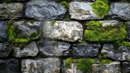 Mossy stone wall half-cleaned by pressure washer, water spraying, moss peeling off revealing clean stone, vibrant green and gray tones, Ultra-realistic, Nature Photography