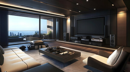 Modern Home Theater Room with City View 3D Illustration