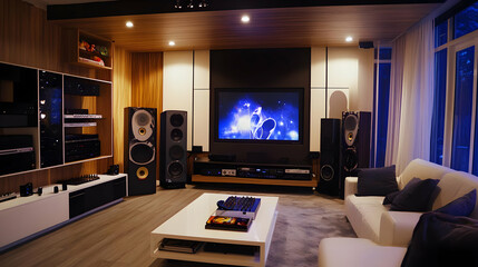 Home Theater Room with Modern Decor and Large Screen TV - Illustration