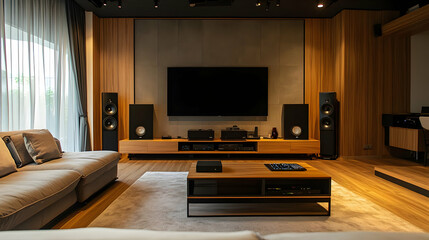 Modern Home Theater Room Interior Design with Large Television, Speakers, and Wood Accents - Illustration