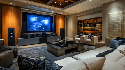 Modern Home Theater Room with Large Screen and Comfortable Seating - Interior Design Illustration