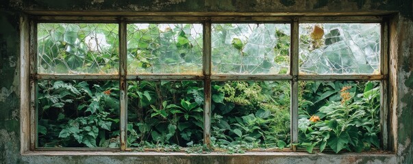 Broken window with overgrown greenery, nature reclaiming space. Urban decay and environmental concept
